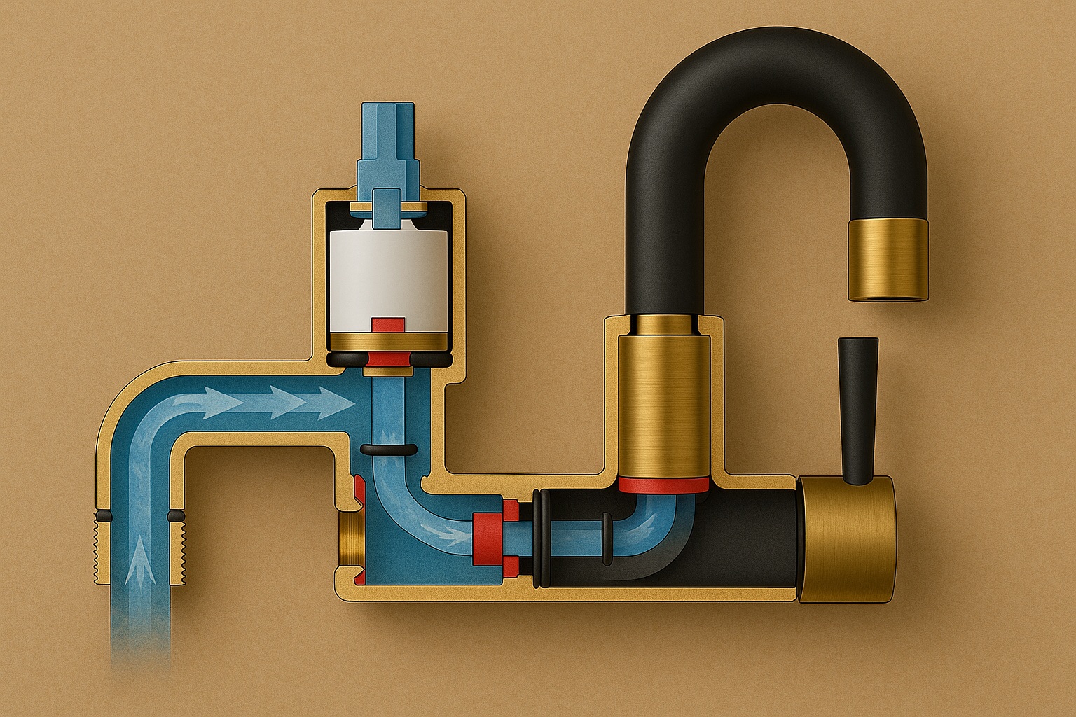 Cross-section of two-tone faucet showing water flow path, O-rings, and internal seals